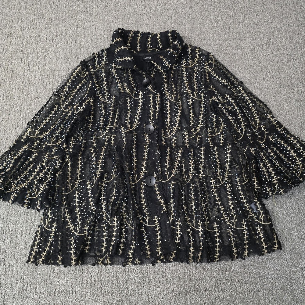 Damee Evening Sheer Black Gold Floral Embroidered Mesh Jacket L Gothic